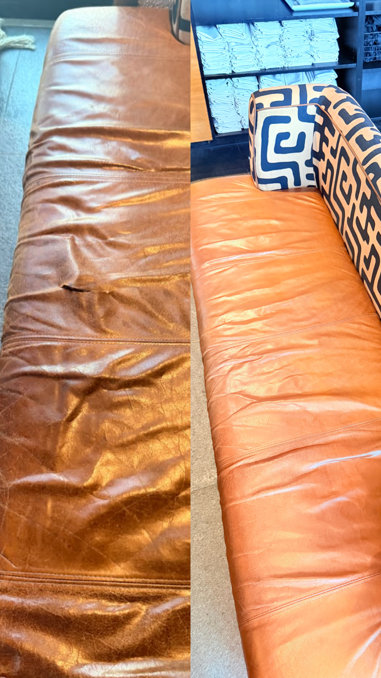 Side by side of a cognac leather bench seat: torn and heavily worn on the left, repaired and fully recoloured to an even tan on the right