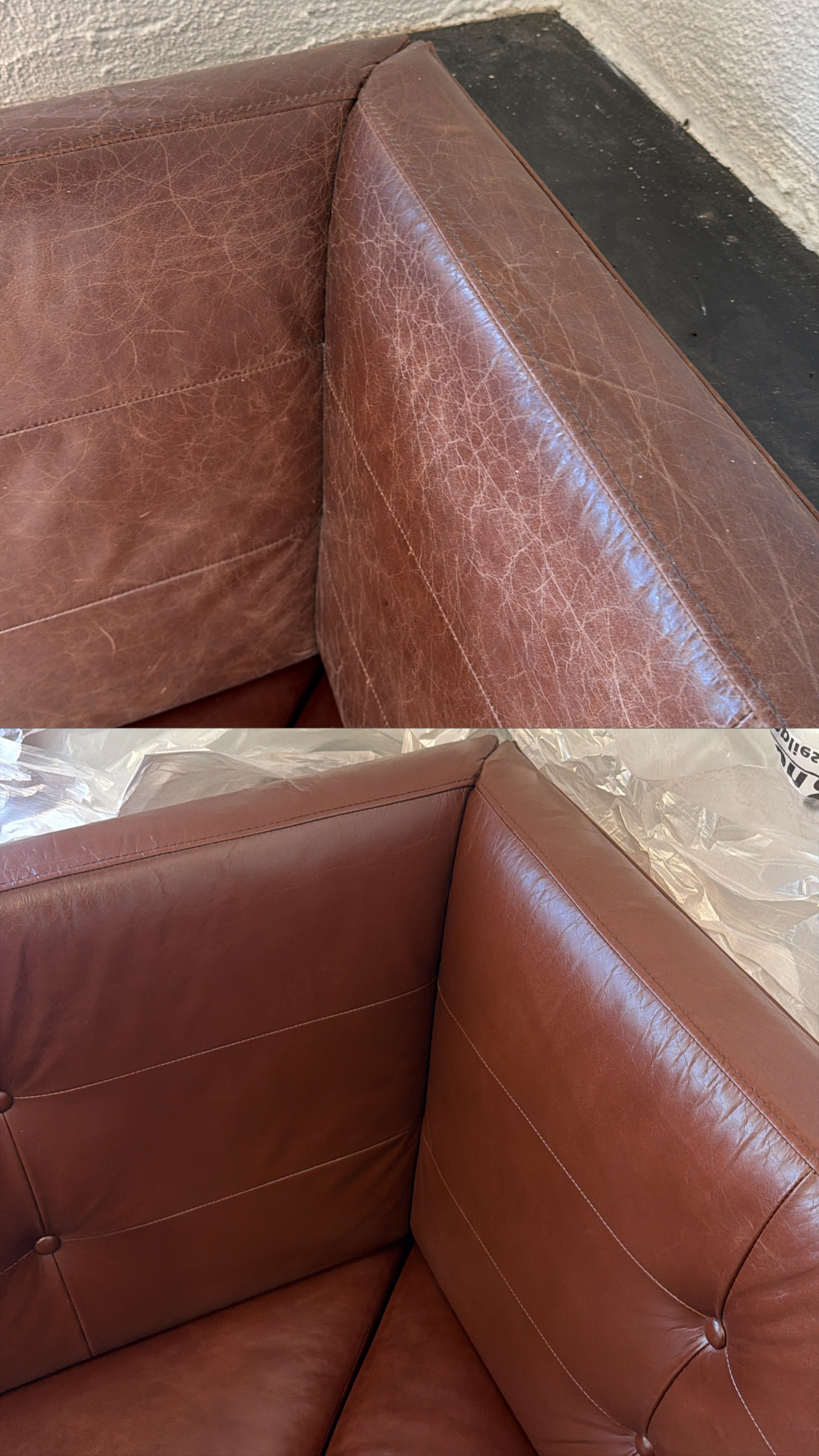 Stacked before and after of a brown leather booth corner: heavy web cracking across the seat and back panel on top, the same corner smooth and evenly recoloured below
