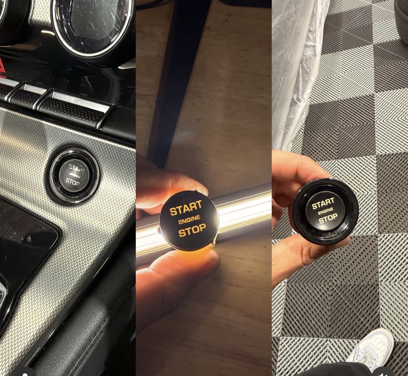 Restored engine start stop button in three stages: fitted back in the dash, held up to a light showing the laser etched START ENGINE STOP lettering glowing amber, and the finished button in hand