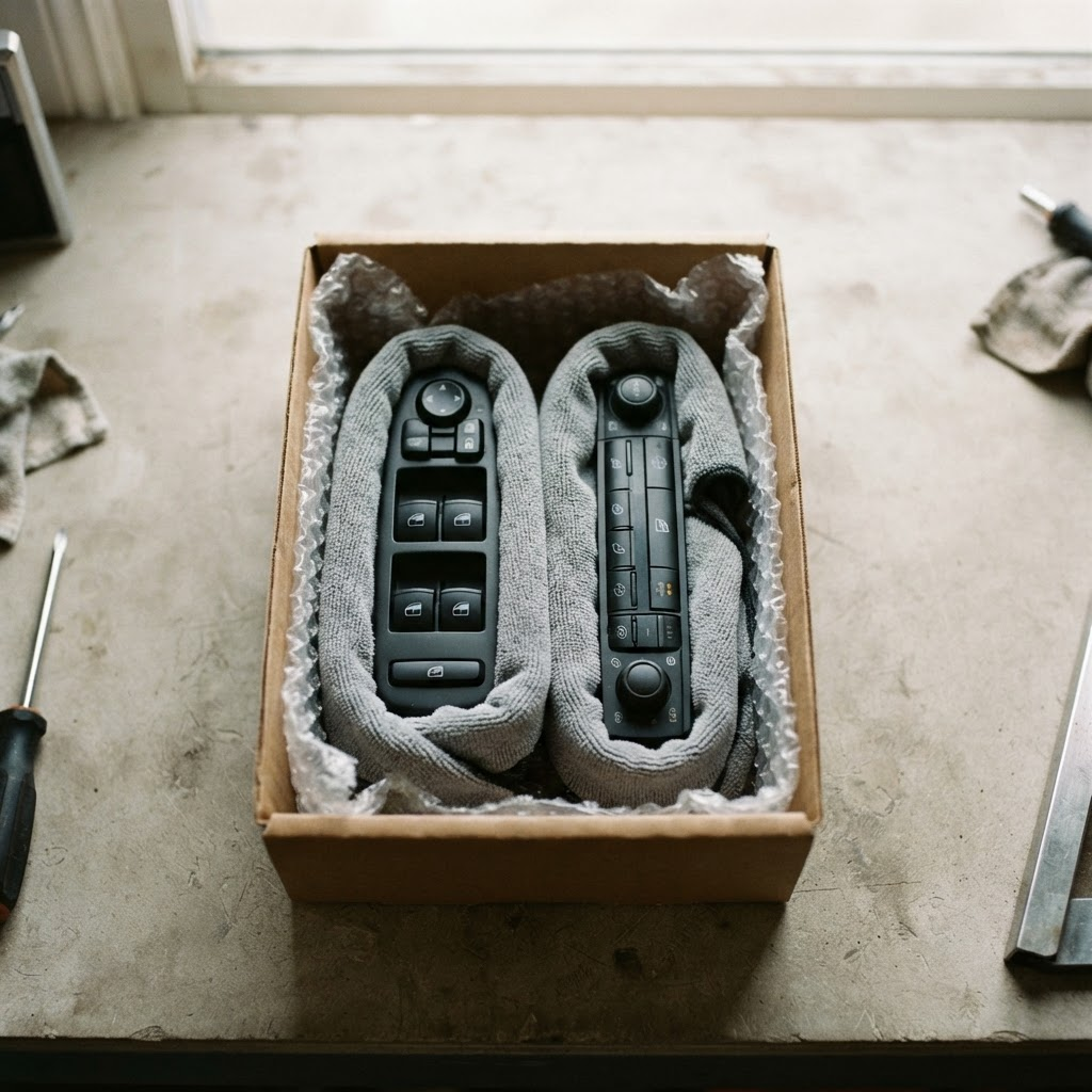 Illustration of car switch panels individually wrapped in soft cloth and packed in a rigid cardboard box with padding, ready to post to Canberra Leather