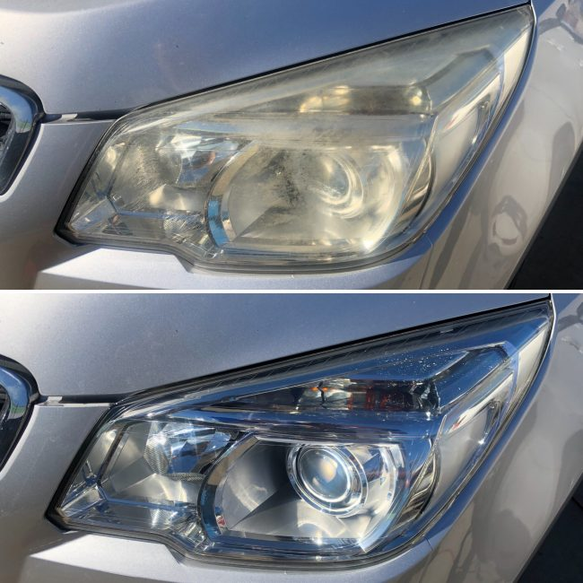 Real Canberra customer headlight — heavily yellowed and oxidised before, restored to crystal clear after — by Canberra Leather