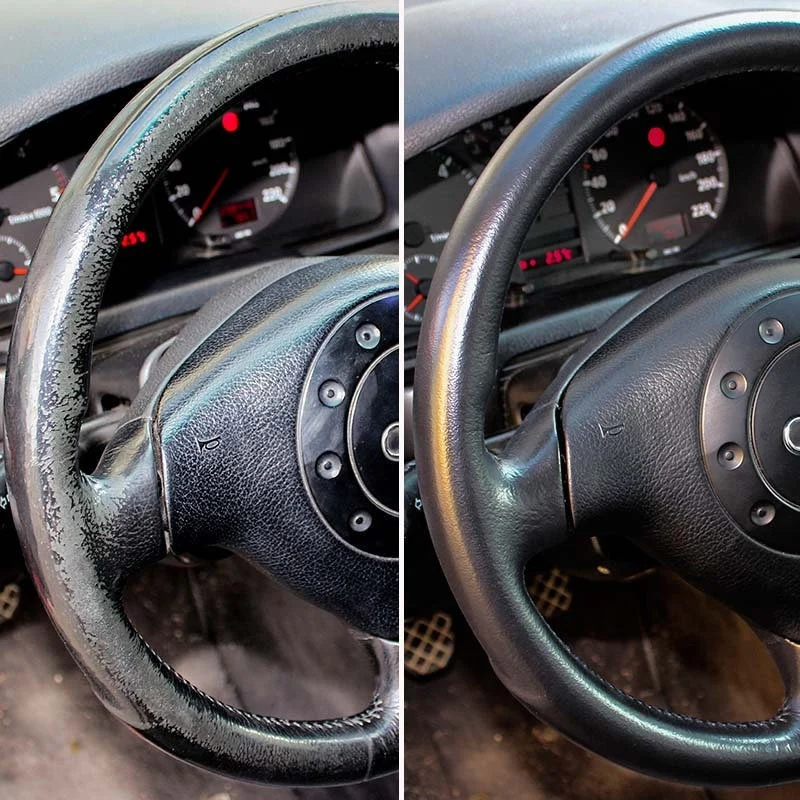 Real Canberra customer steering wheel — cracked and worn before, fully restored to factory finish after — by Canberra Leather